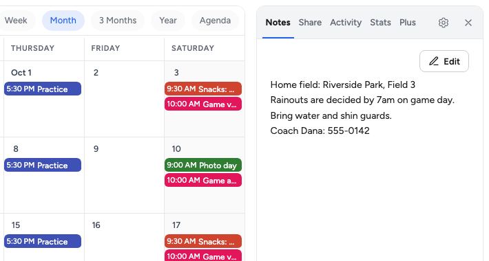 Practices in blue, games in pink, snacks in orange and team events in green, with the notes open beside the month: the home field, the rainout rule and the coach's number.