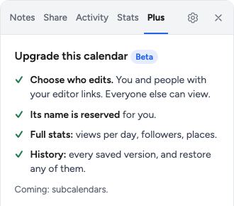 The Plus tab: choose who edits, the calendar's name is reserved, full stats, and every saved version.