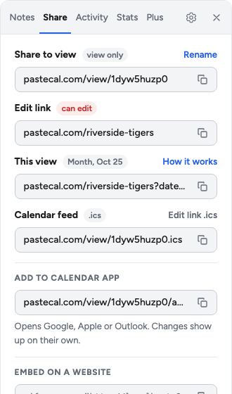 The Share panel: a view-only link, an edit link that says can edit, this view, the calendar feed, and the Add to calendar app link.