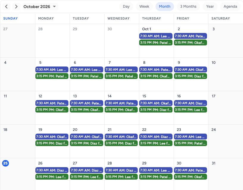 Carpool schedule template: a month on pastecal