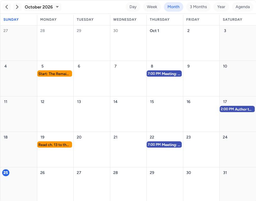 Club or class calendar template: a month on pastecal
