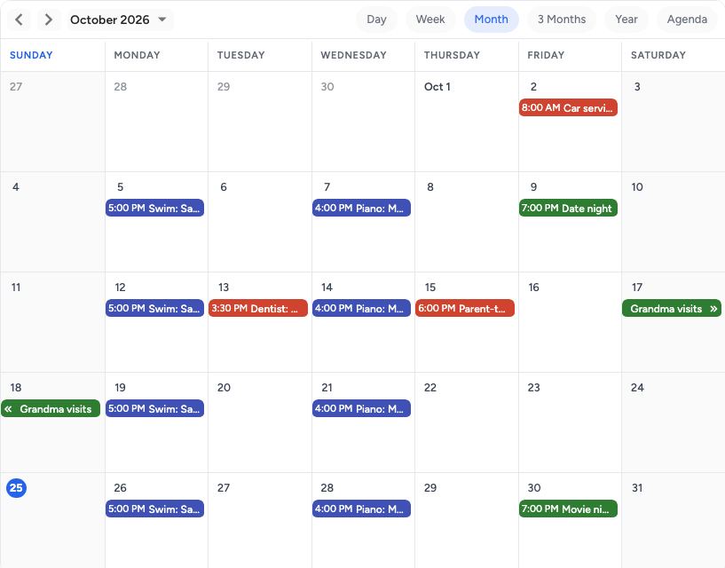 Family calendar template: a month on pastecal
