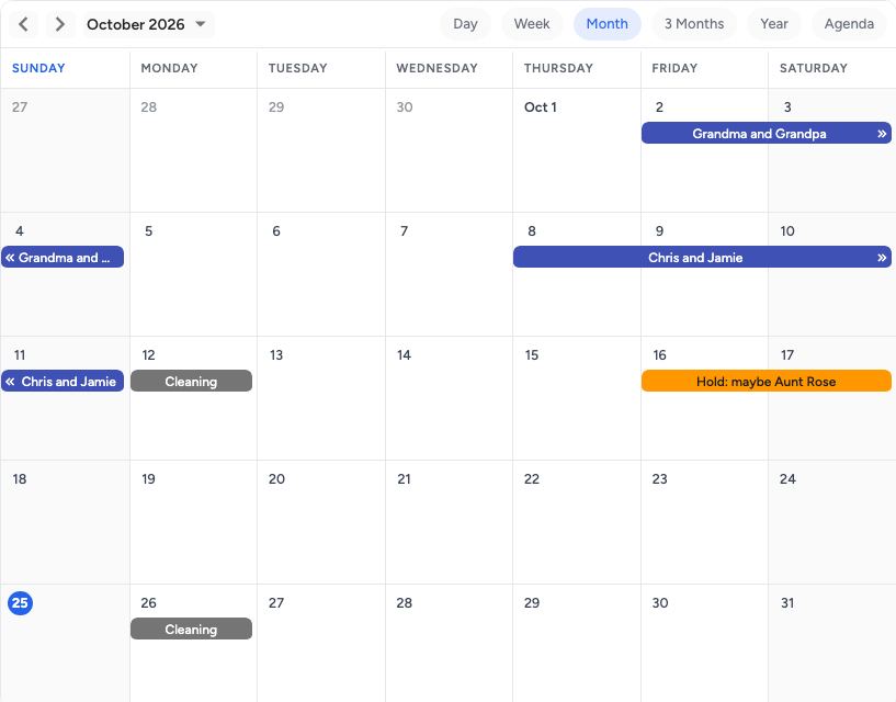 Guest room calendar template: a month on pastecal