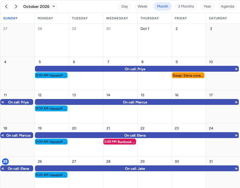 On-call rotation template: a month on pastecal