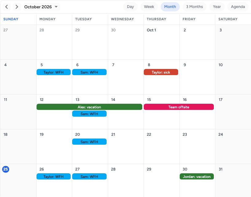 Who's out template: a month on pastecal
