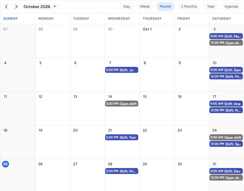 Volunteer shift schedule template: a month on pastecal