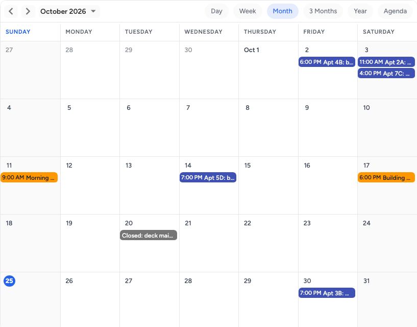 Shared space booking template: a month on pastecal