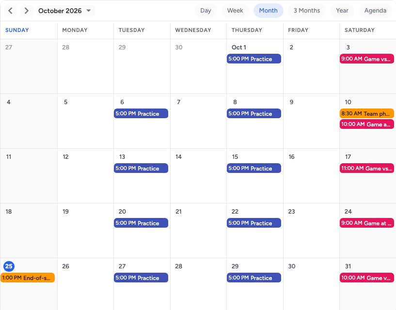 Sports team schedule template: a month on pastecal
